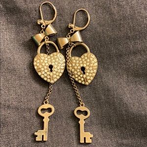 Betsey Johnson Dangling Heart Lock & Key earring